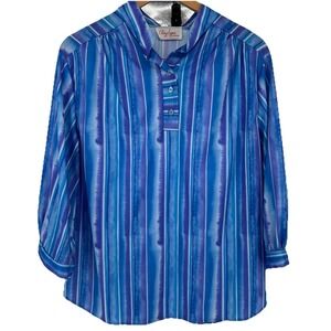 Amy Lynn‎ Wms Vintage Blouse L Blue Purple Striped Watercolor Art To Wear Retro